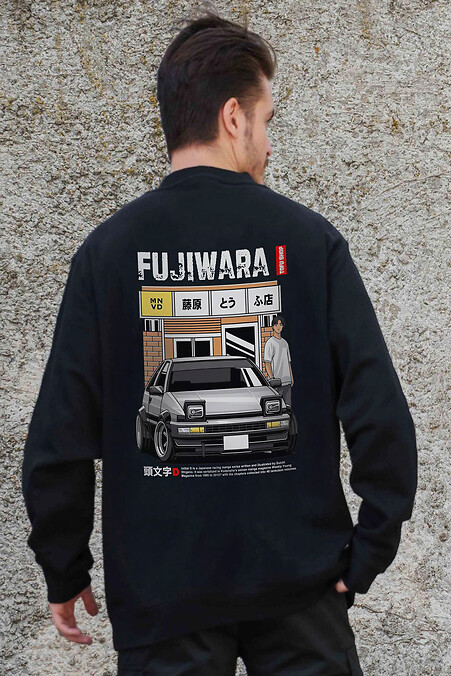 Мужской Утепленный Оверсайз Свитшот На Флисе С Принтом Fujiwara Black - #8055612