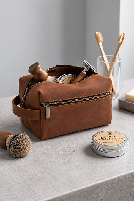Kosmetiktasche aus Leder mit Fach und Sakvoyaj Large Cognac - #8056613