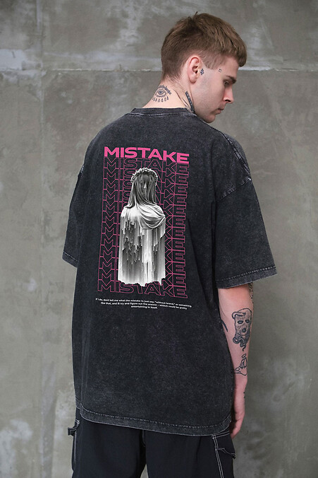 8049594 Мужская Вываренная Оверсайз Футболка Washed С Принтом Mistake Black - #8049614