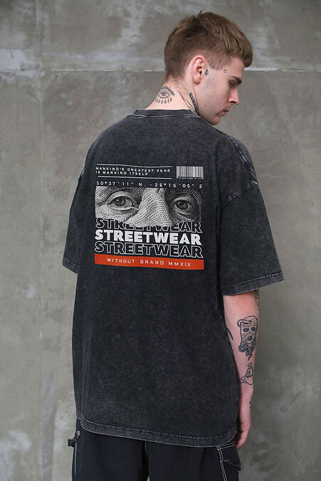 Мужская Вываренная Оверсайз Футболка Washed С Принтом Streetwear Black - #8049618