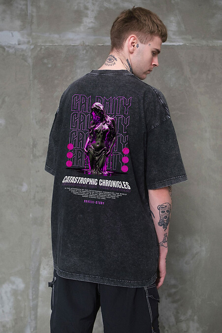 Men's Washed Oversized Calomity Print T-Shirt Black - #8049622