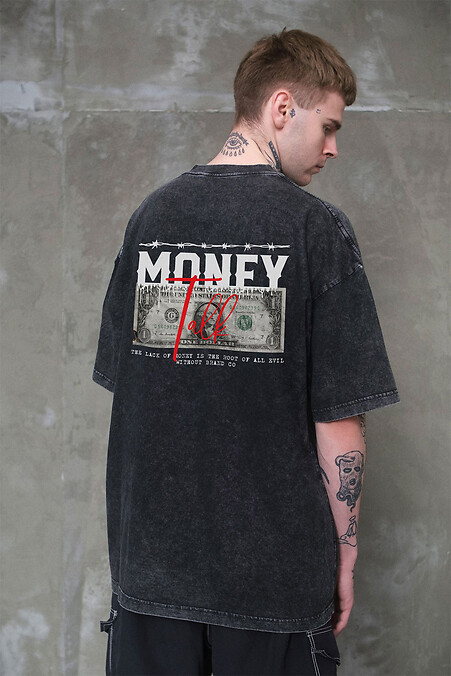 8049594 Men's Washed Oversized Talk Black Print T-Shirt - #8049624