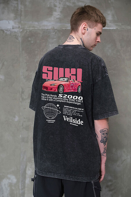 8049594 Мужская Вываренная Оверсайз Футболка Washed С Принтом Suki Black - #8049626