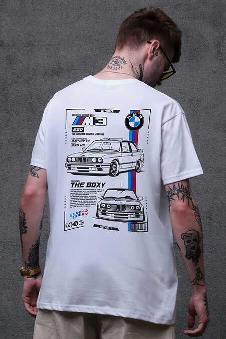 Men's Oversized T-Shirt With BMW Print White - #8049630