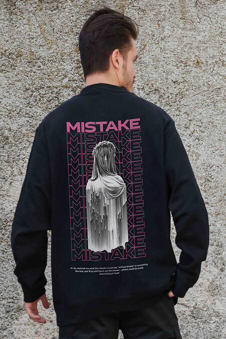 Мужской Утепленный Оверсайз Свитшот На Флисе С Принтом Mistake Black - #8055632
