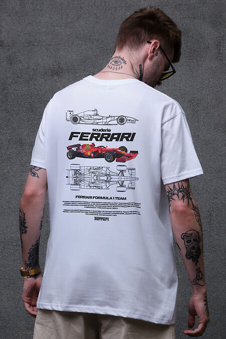 Men's Oversized T-Shirt With Ferrari White Print - #8049634