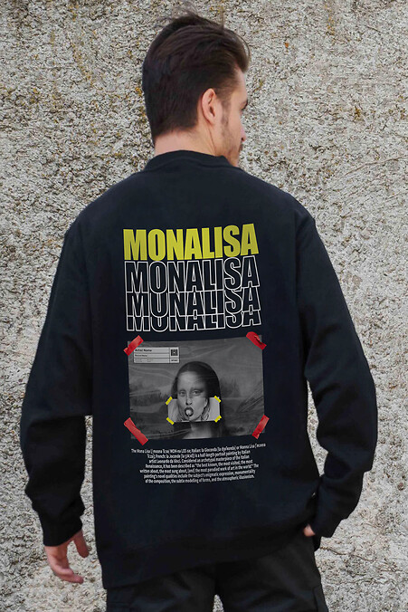 Мужской Утепленный Оверсайз Свитшот На Флисе С Принтом Monalisa Black - #8055634