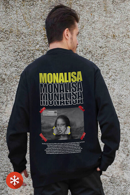 Мужской Утепленный Оверсайз Свитшот На Флисе С Принтом Monalisa Black - #8055634