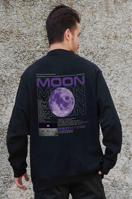 Мужской Утепленный Оверсайз Свитшот На Флисе С Принтом Moon Black - #8055638