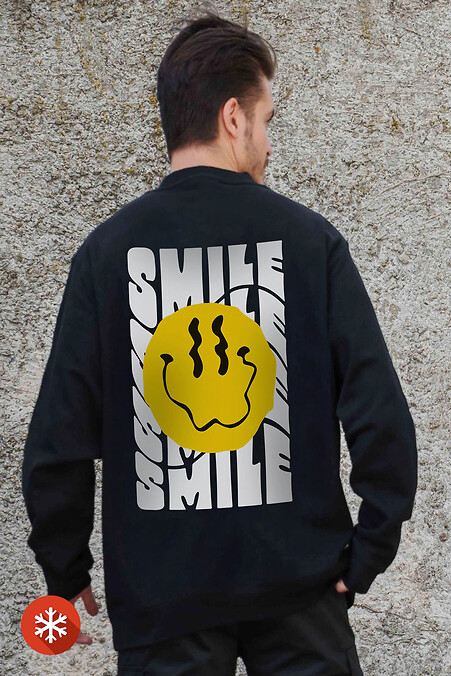Мужской Утепленный Оверсайз Свитшот На Флисе С Принтом Smile Black - #8055654