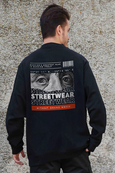Мужской Утепленный Оверсайз Свитшот На Флисе С Принтом Streetwear Black - #8055656