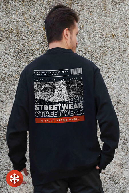 Мужской Утепленный Оверсайз Свитшот На Флисе С Принтом Streetwear Black - #8055656