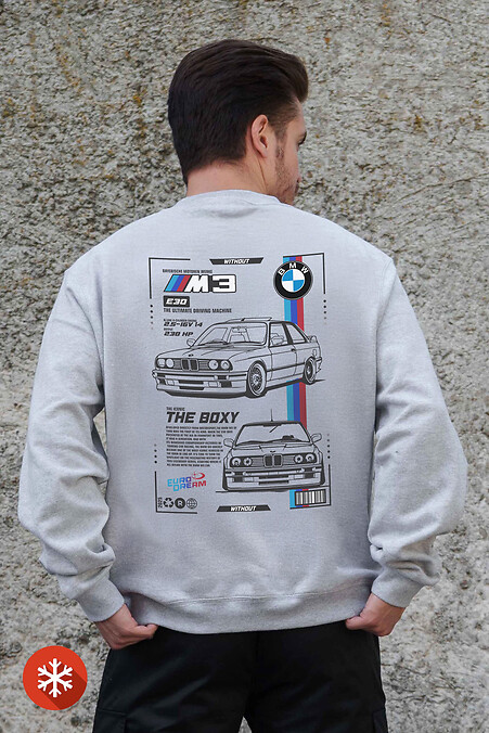 Мужской Утепленный Оверсайз Свитшот На Флисе С Принтом BMW Gray - #8055688