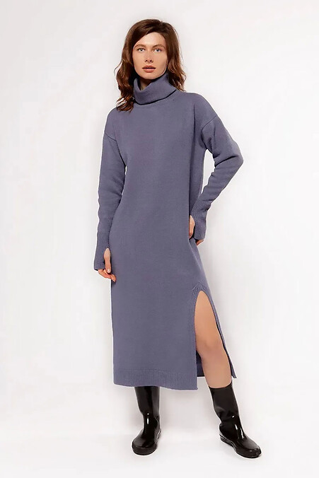 Knitted women's dress with a cowl collar and a decorative slit at the front - #4038740