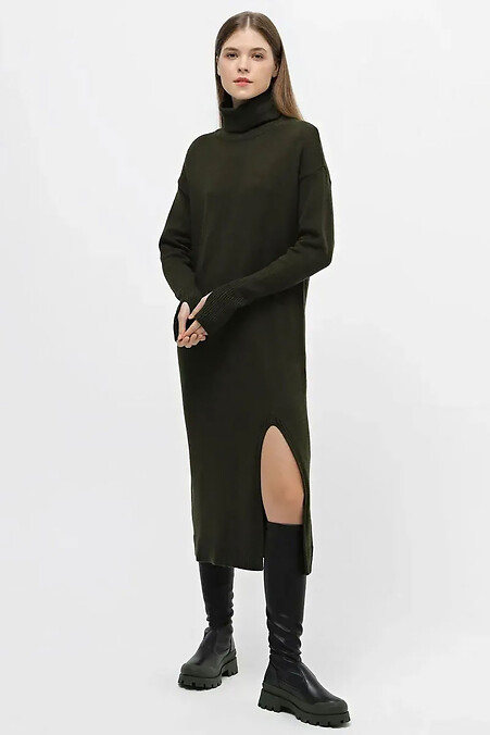 Knitted women's dress with a cowl collar and a decorative slit in the front khaki. Dresses. Color: green. #4038741