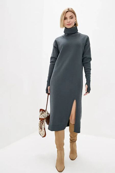 Knitted women's dress with a cowl collar and a decorative slit in the front, dark gray - #4038742