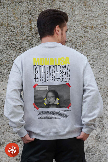 Herren Sweatshirt aus Fleece in Übergröße mit Monalisa Aufdruck Grau - #8055742