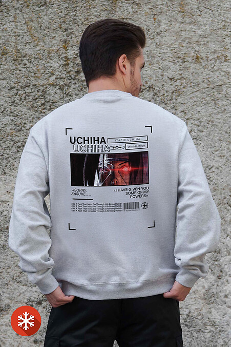 Мужской Утепленный Оверсайз Свитшот На Флисе С Принтом Uchiha Gray - #8055772