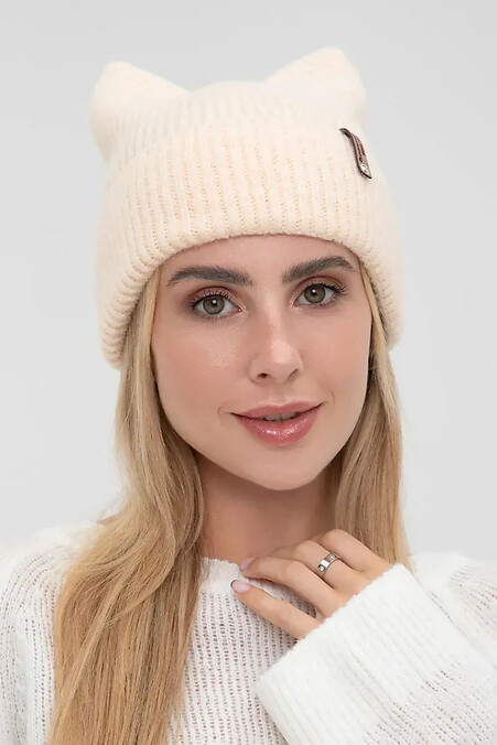 Women's knitted cap with ears, beige - #4038843