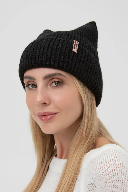 Women's knitted cap with ears, black - #4038844