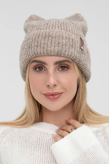 Women's knitted hat with ears, dark beige. Hats, berets. Color: beige. #4038845