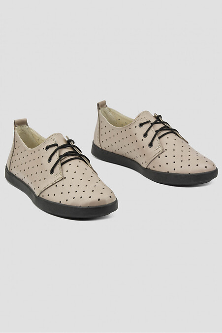 Women's leather moccasins in cappuccino color with perforation - #4205853