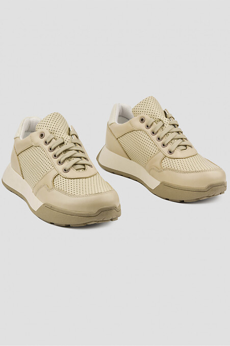 Women's beige leather sneakers with perforation - #4205854