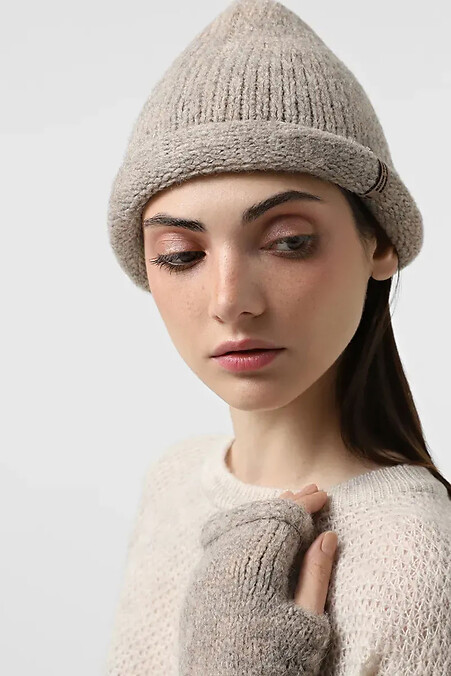 Women's warm knitted hat in dark beige color - #4038862