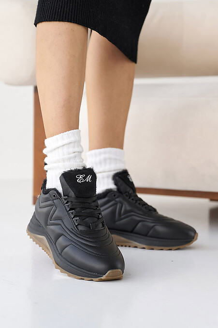 Women's leather black winter sneakers - #8019870