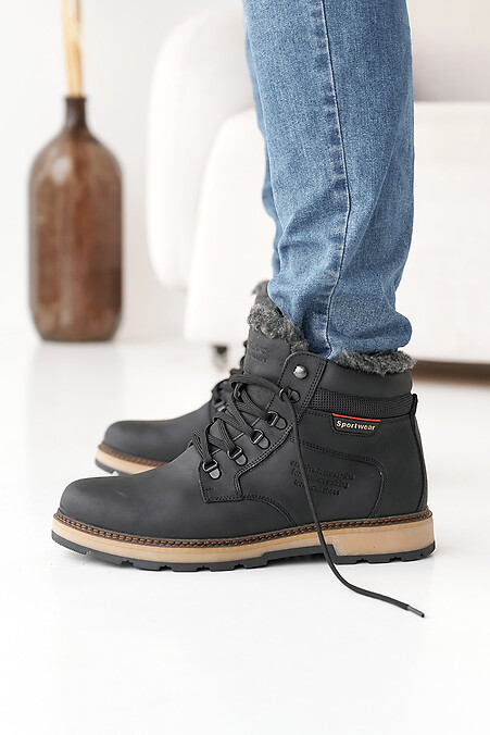 Men's leather winter boots black - #8019884