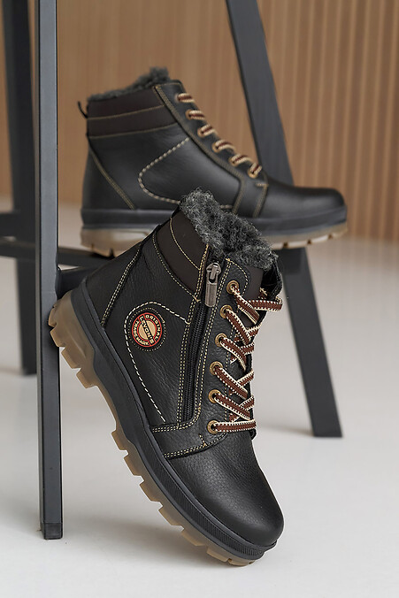 Подростковые ботинки кожаные зимние черные - #8019907