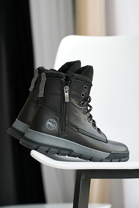 Teenage leather winter boots black-gray - #8019916