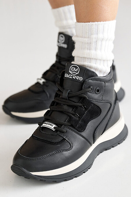 Damskie, skórzane, czarne sneakersy zimowe - #8019924
