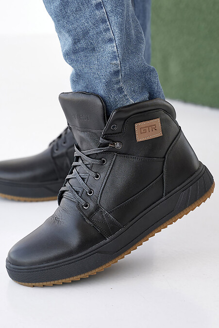 Men's leather winter black sneakers with fur.. sneakers. Color: black. #8019928