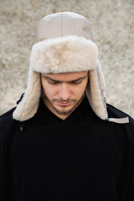 Мужская кожаная шапка ушанка  Galaxy Beige - #8055937