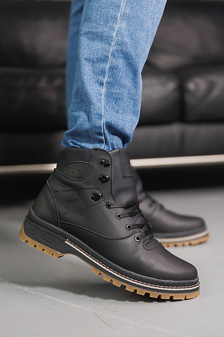 Мужские кожаные ботинки зимние черные - #8019939