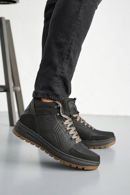 Men's leather winter sneakers black - #8019943