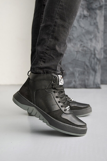 Men's leather winter sneakers black - #8019944