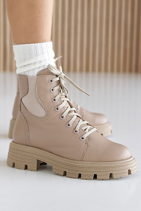 Женские кожаные ботинки зимние бежевые - #8019952