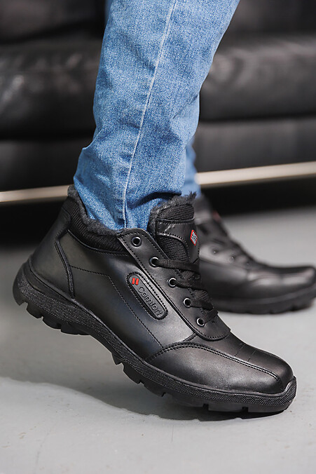 Мужские кожаные ботинки зимние черные - #8019955
