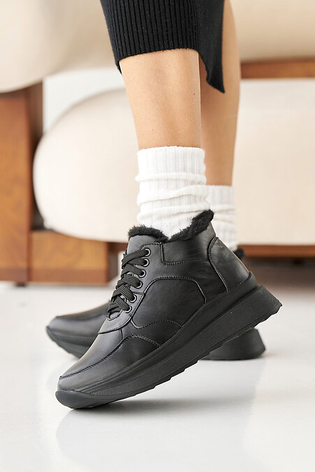 Women's leather winter sneakers black - #8019956