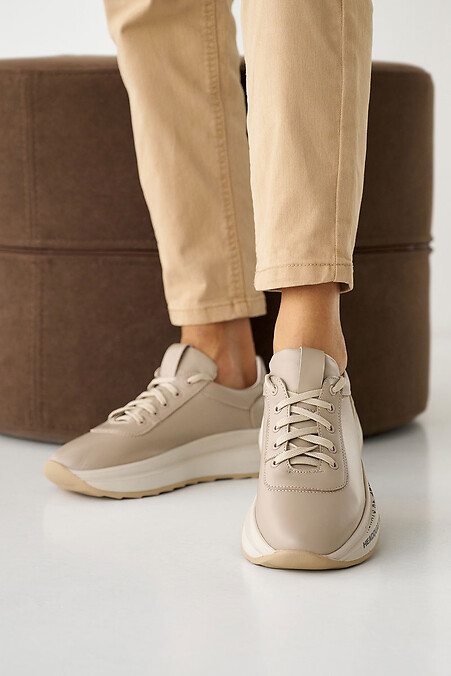 Women's leather sneakers spring-autumn beige - #8019969