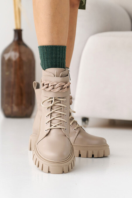 Жіночі шкіряні зимові бежеві черевики на хутрі. - #8019970