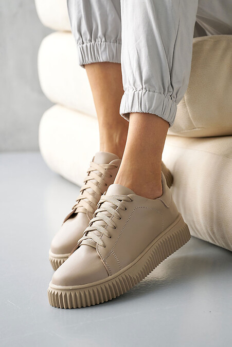 Women's leather sneakers spring-autumn beige - #8019978
