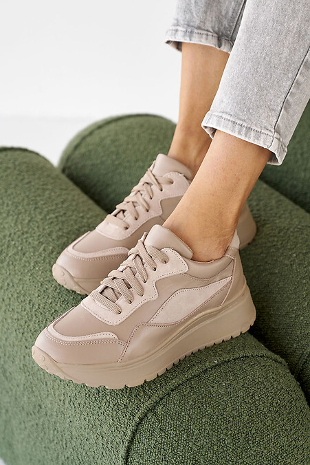 Women's leather sneakers spring-autumn beige - #8019980