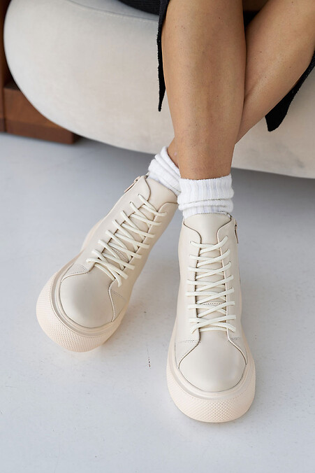 Women's leather winter sneakers with fur - #8019983