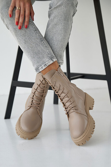 Женские кожаные ботинки зимние бежевые - #8019989
