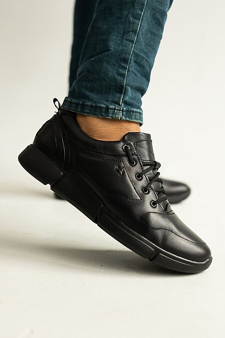 Мужские кроссовки кожаные весна/осень черные - #8018993
