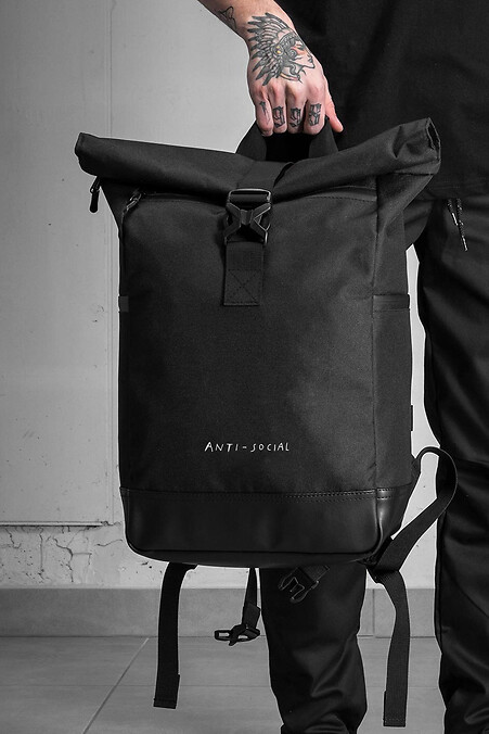 Herren-Schulrucksack Rolltop ohne Druck AntiSocial Schwarz - #8049994