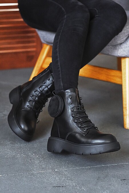 Женские ботинки кожаные зимние черные - #8018995